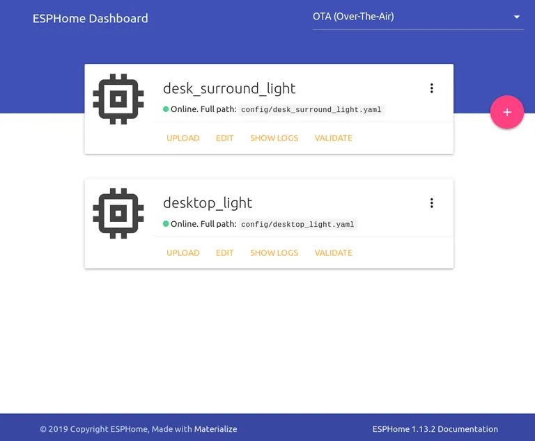 ESPHome dashboard